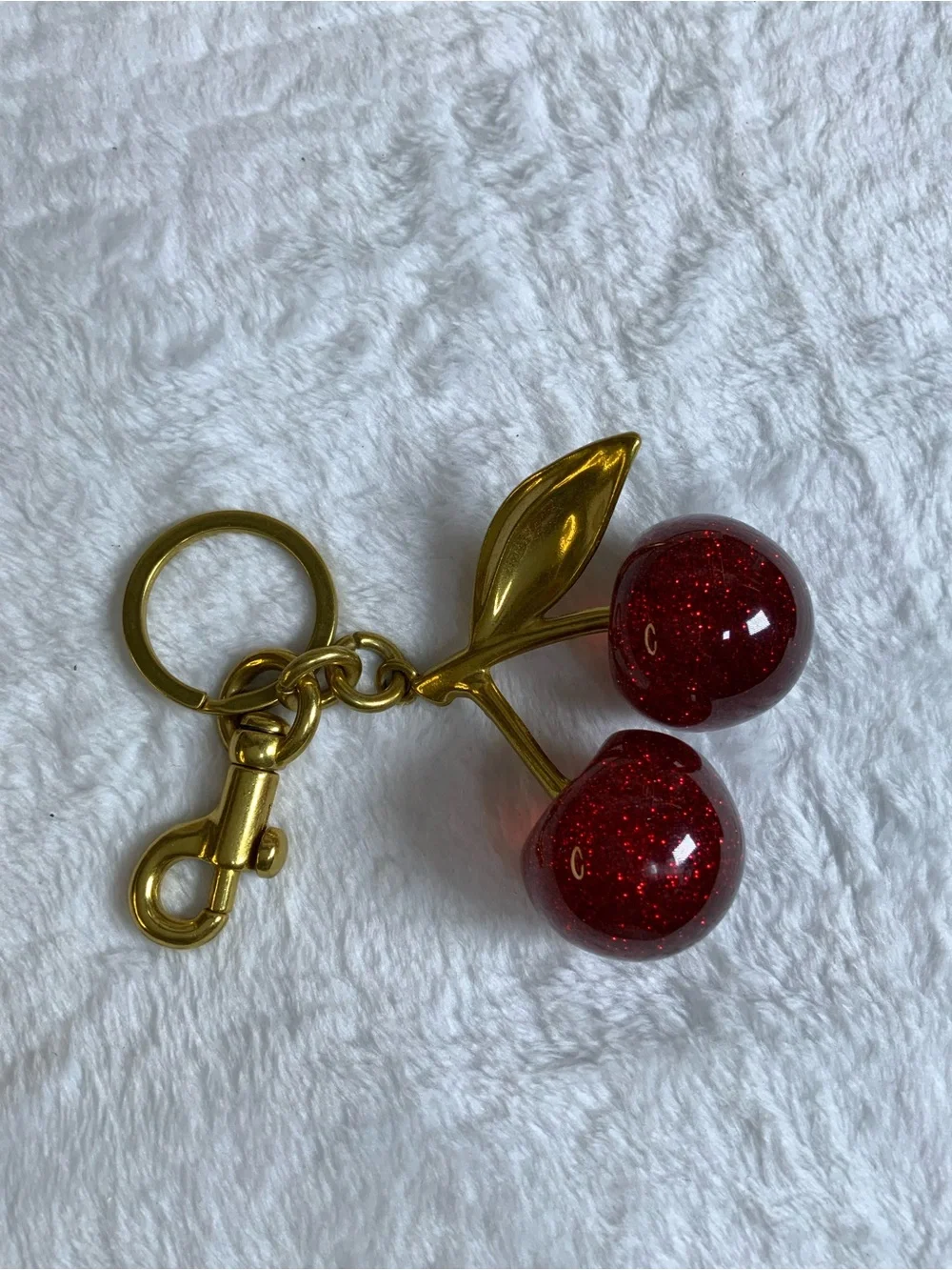 Gold Cherry Keychain with Red Glitter Charms